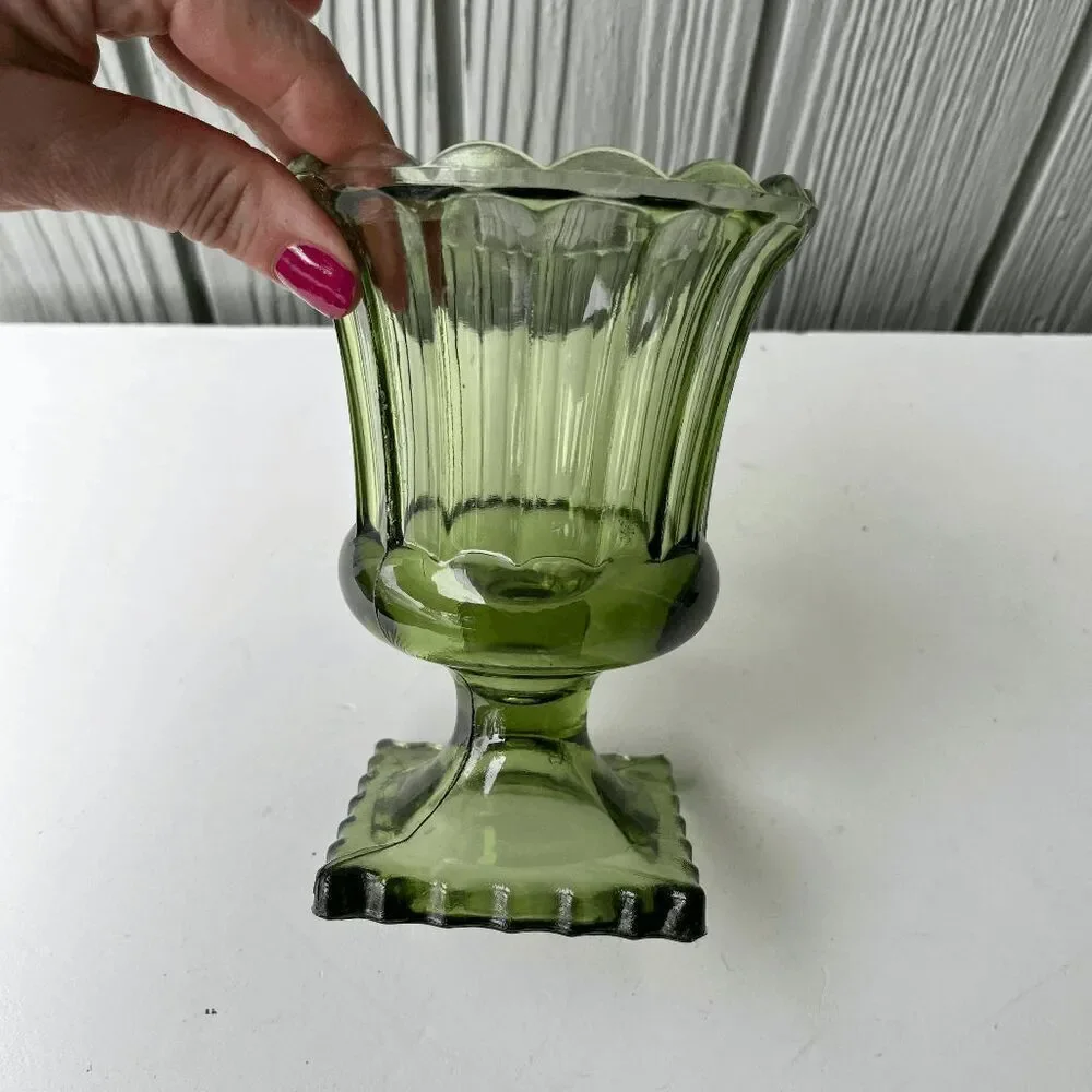 VTG Indiana Glass Avocado Green Pedestal Vases + Amber Mount Vernon Set